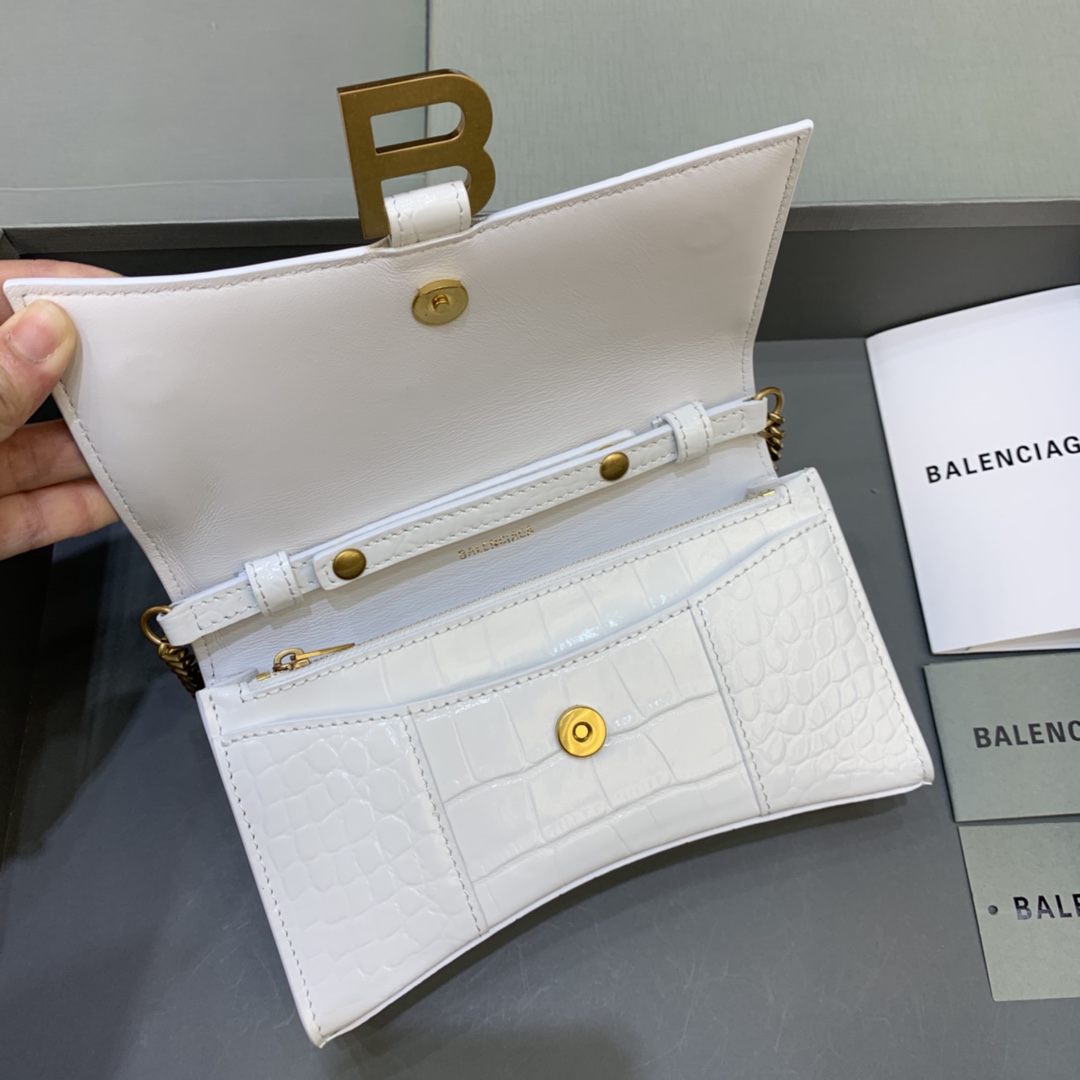 Balenciaga Small Hourglass Wallet With Chain Crocodile Embossed Shoulder Bag White